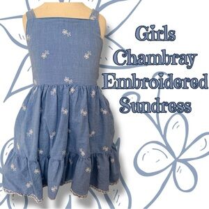 Girls Chambray Embroidered Sundress – Open-Back Design